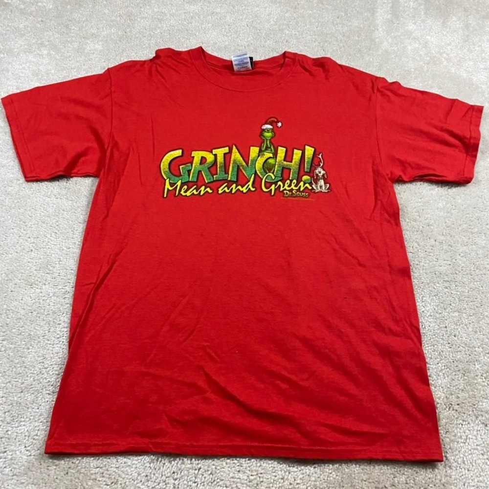 Y2K Dr Seuss Grinch Shirt Mens L Mean and Green Red Graphic 2001 Gildan